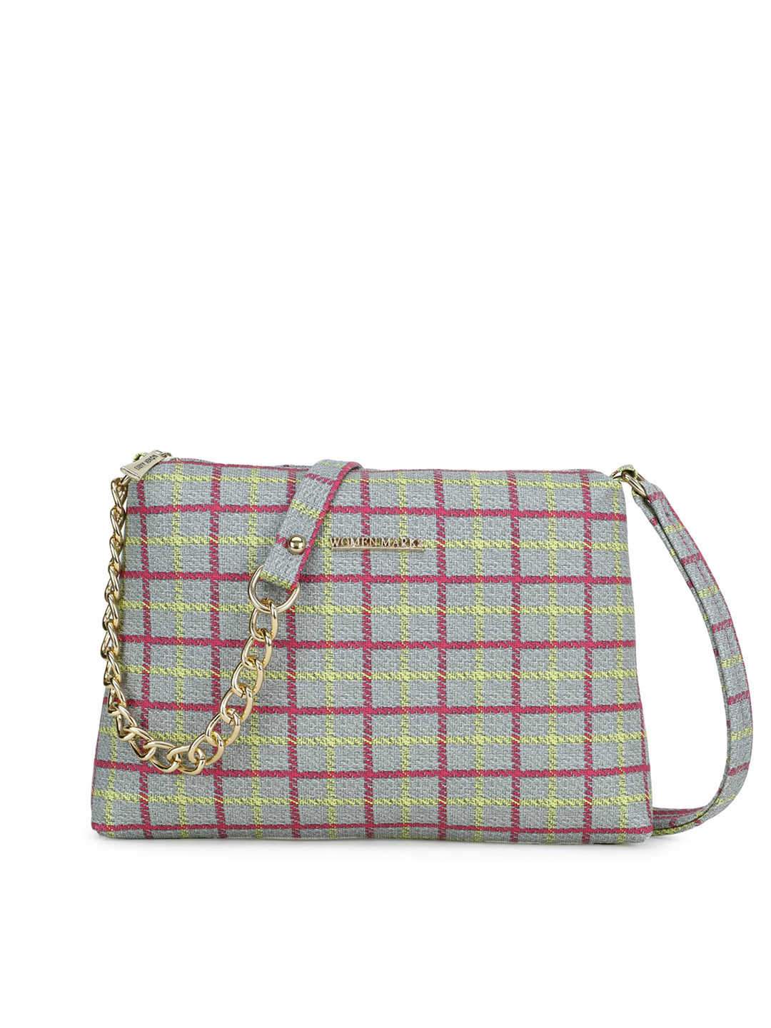 

WOMEN MARKS Grey & Pink Checked PU Structured Sling Bag