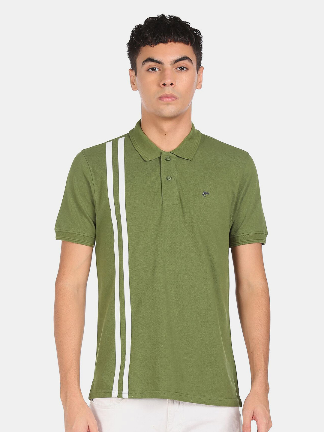 

Ruggers Men Green & White Striped Polo Collar Pure Cotton T-shirt