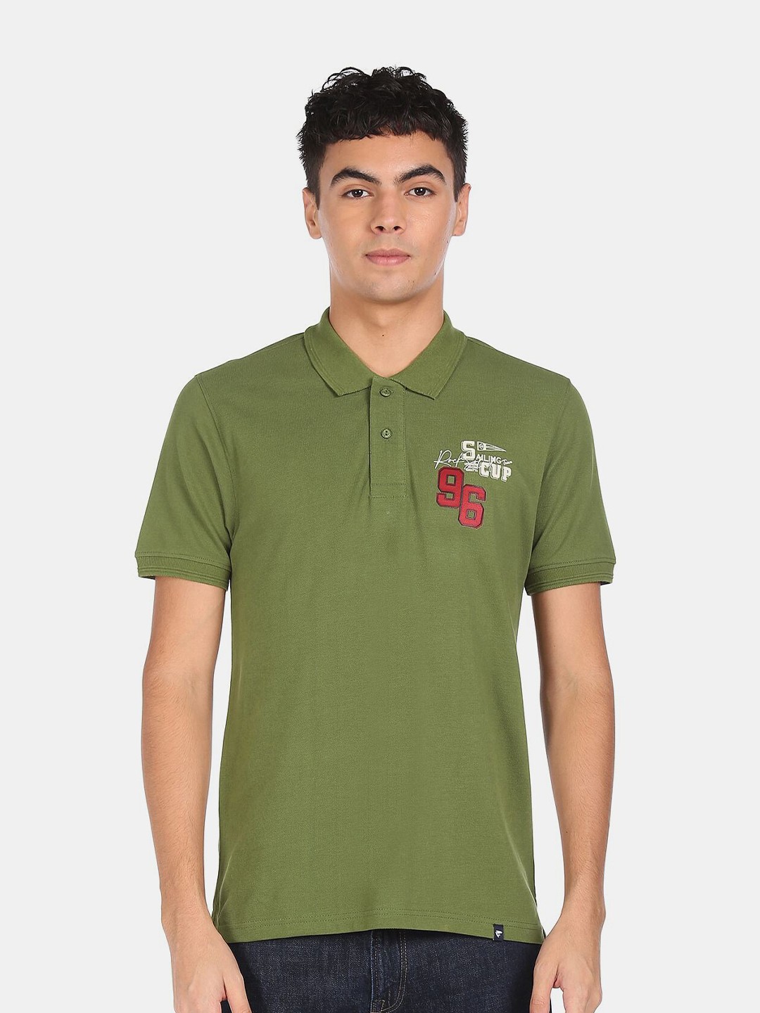 

Ruggers Men Olive Green Polo Collar Pure Cotton T-shirt