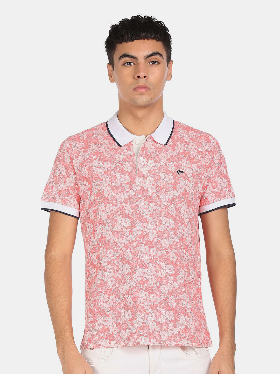 

Ruggers Men Orange & White Floral Printed Cotton Polo Collar T-shirt