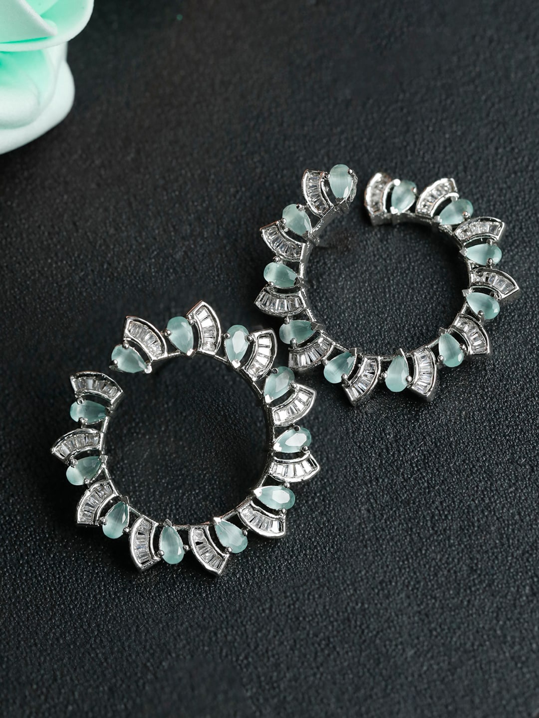 

Priyaasi Silver-Toned & Blue Contemporary Stone Studded Hoop Earrings