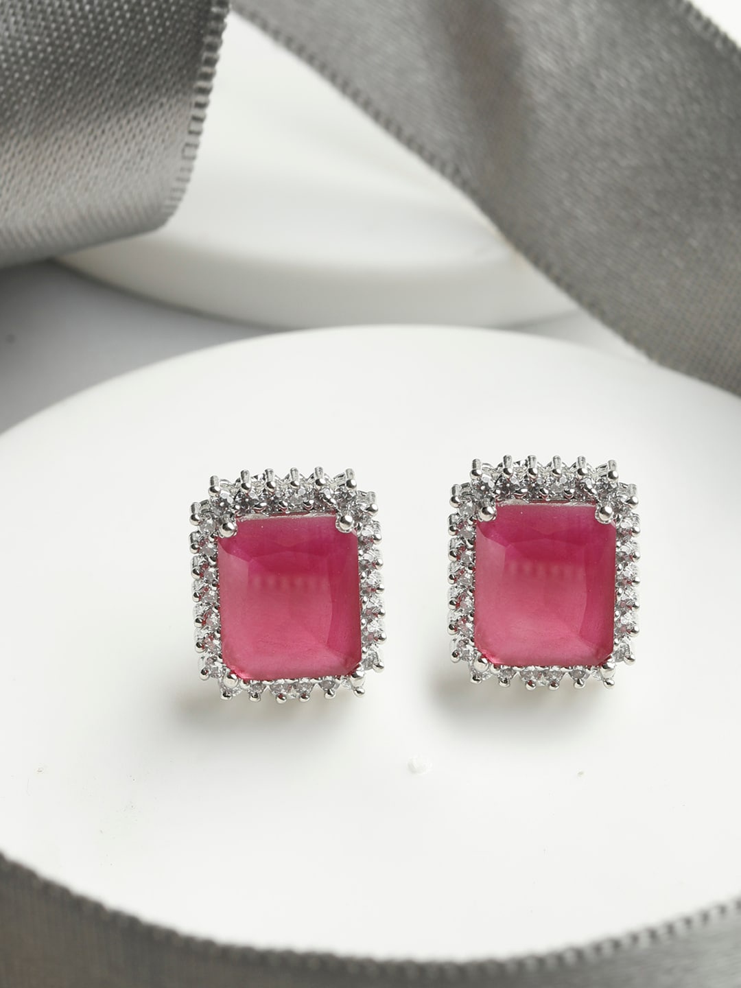 

Priyaasi Women Silver-Toned & Magenta Contemporary Studs Earrings