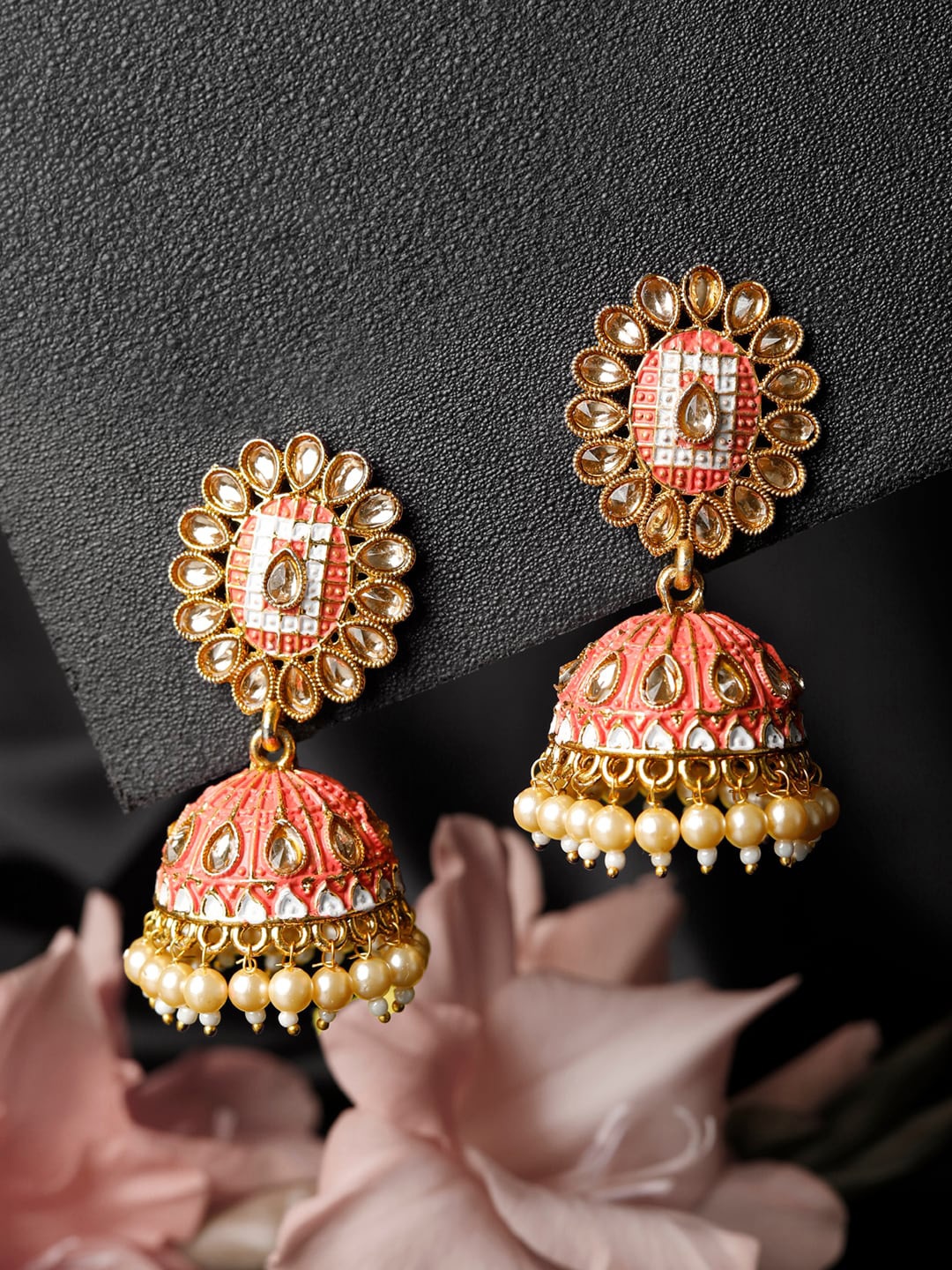 

Priyaasi Gold-Toned & Peach-Coloured Kundan Studded Dome Shaped Jhumkas Earrings