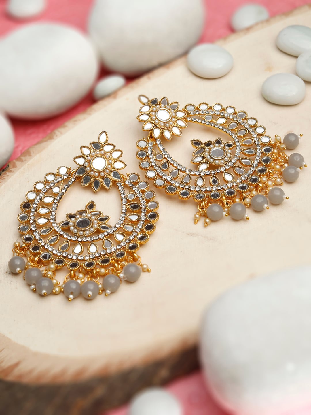 

Priyaasi Gold-Plated Grey & White Beaded Mirror Chandbalis Earrings