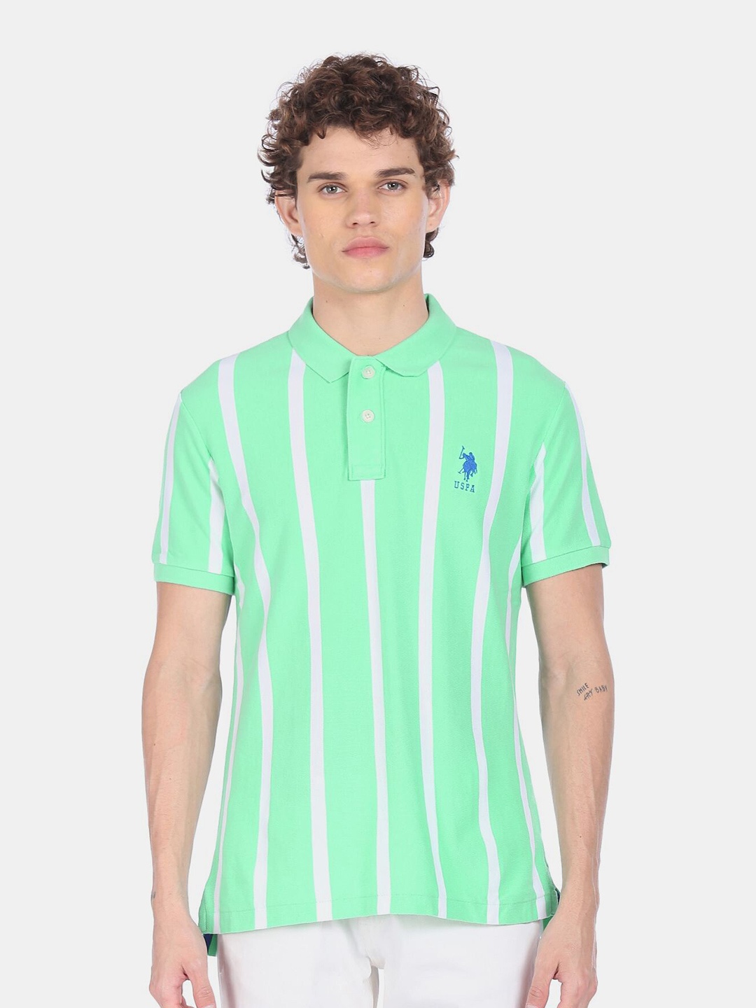 

U S Polo Assn Men Green & White Striped Polo Collar Cotton T-shirt