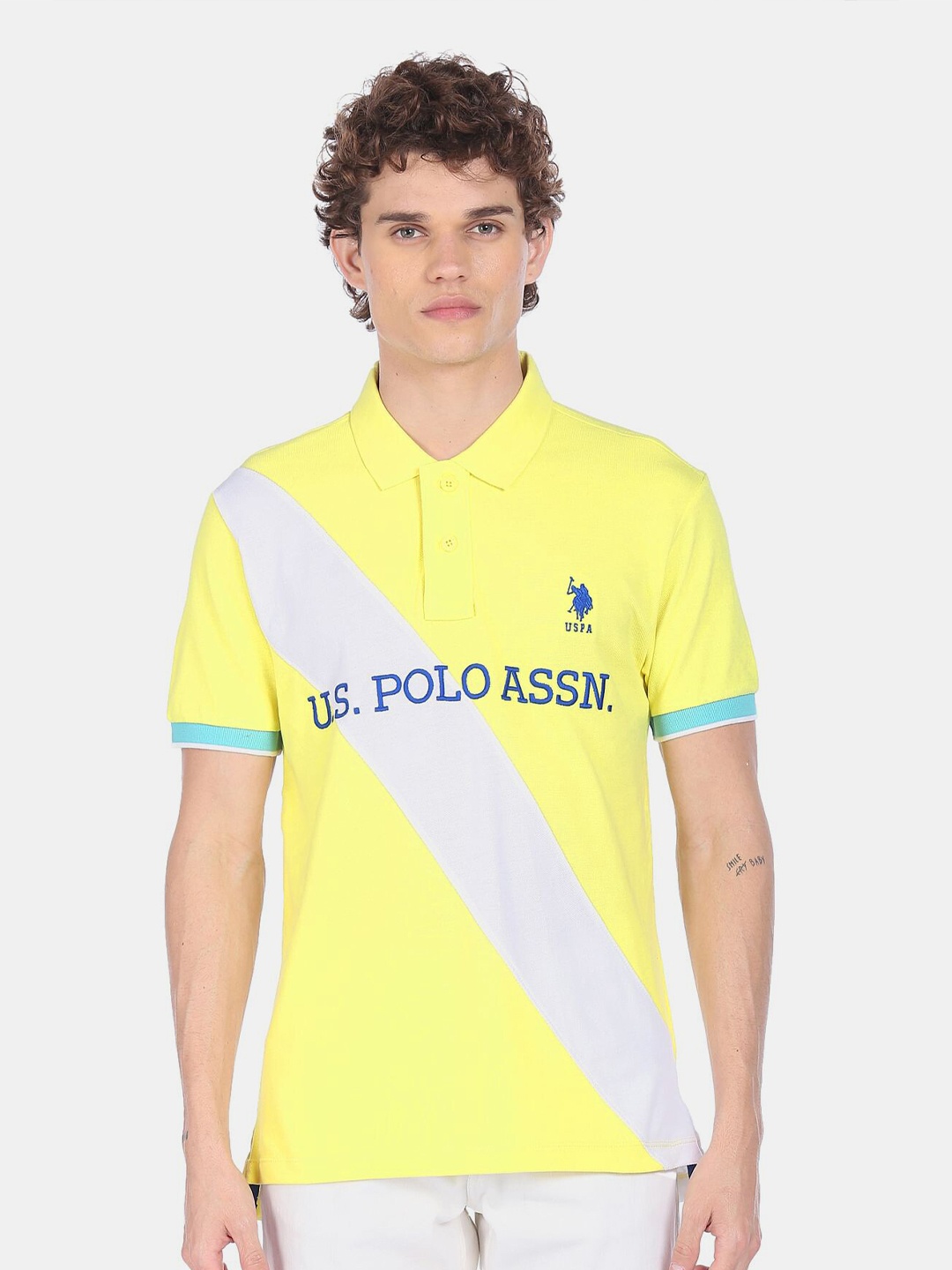 

U S Polo Assn Men Yellow Typography Printed Polo Collar T-shirt