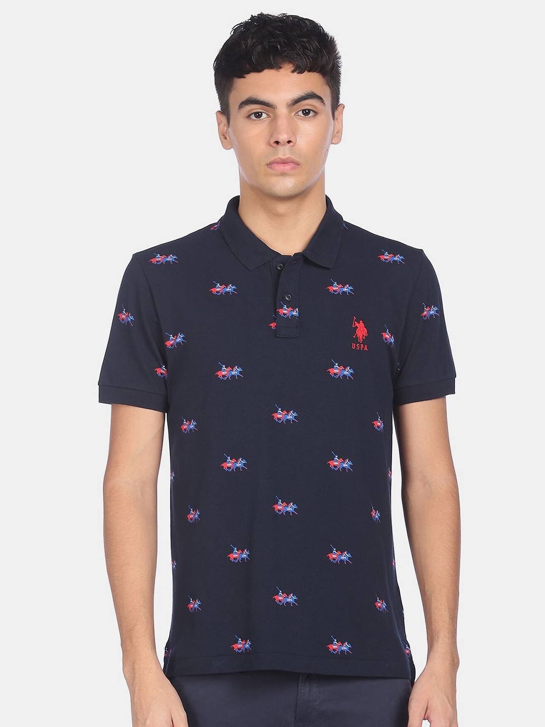 

U S Polo Assn Men Blue Printed Polo Collar T-shirt