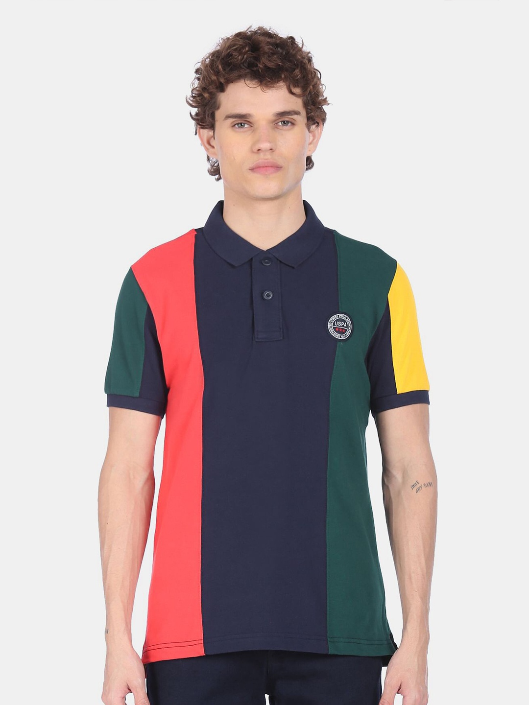 

U S Polo Assn Men Multi Colourblocked Polo Collar Cotton T-shirt