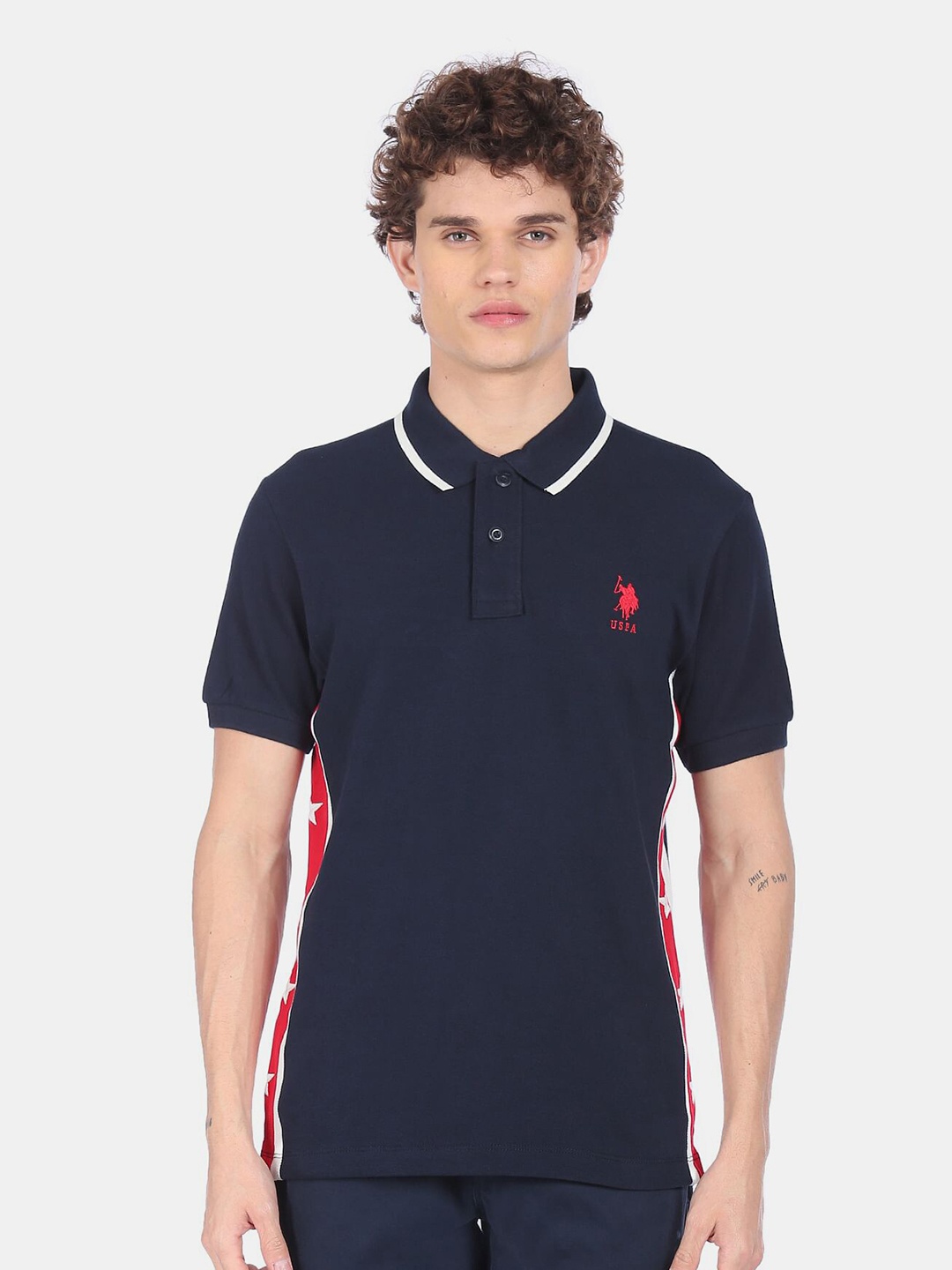 

U S Polo Assn Men Blue Printed Polo Collar Cotton T-shirt