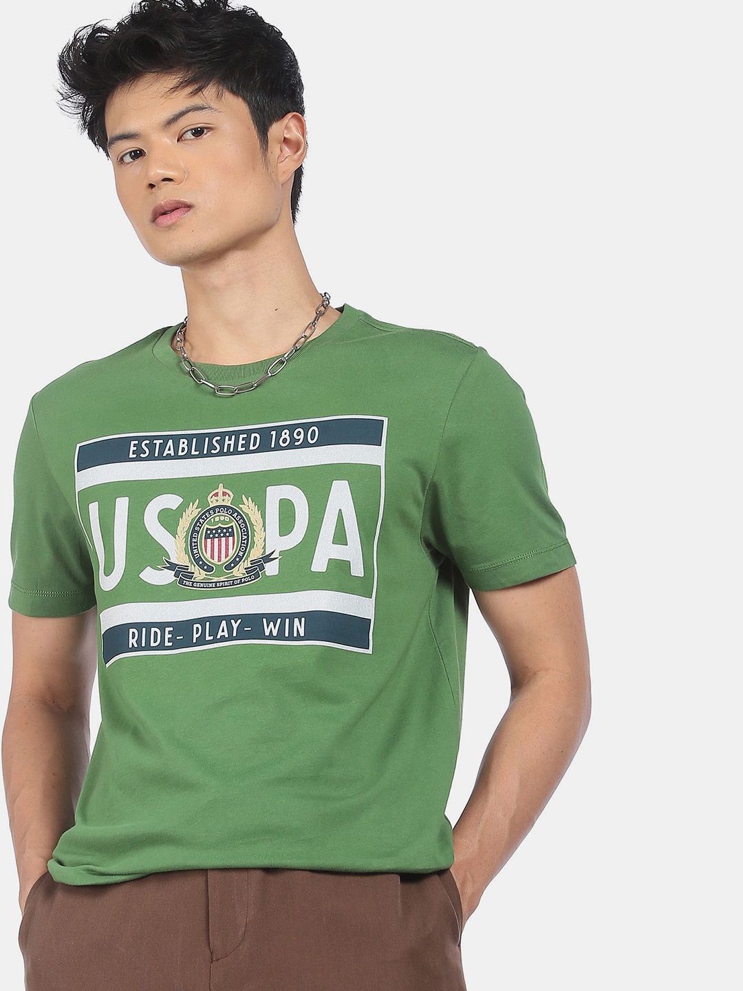 

U.S. Polo Assn. Denim Co. Men Green Typography Printed Cotton T-shirt