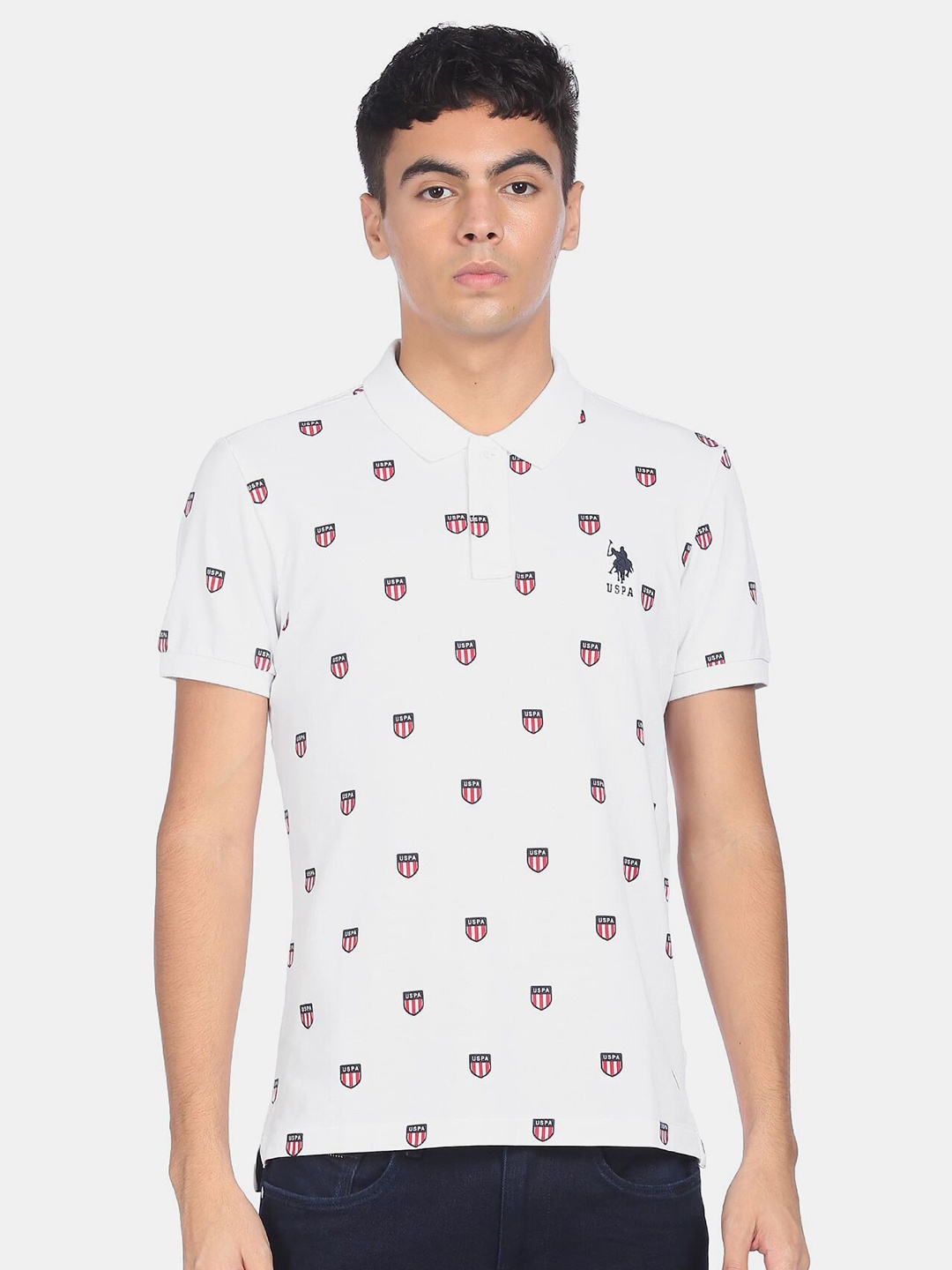 

U S Polo Assn Men White & Navy Blue Brand Logo Printed Polo Collar T-shirt