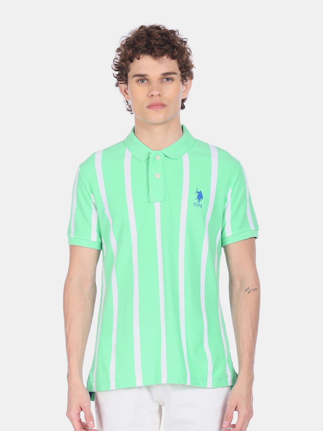 

U S Polo Assn Men Green Striped Polo Collar Cotton T-shirt