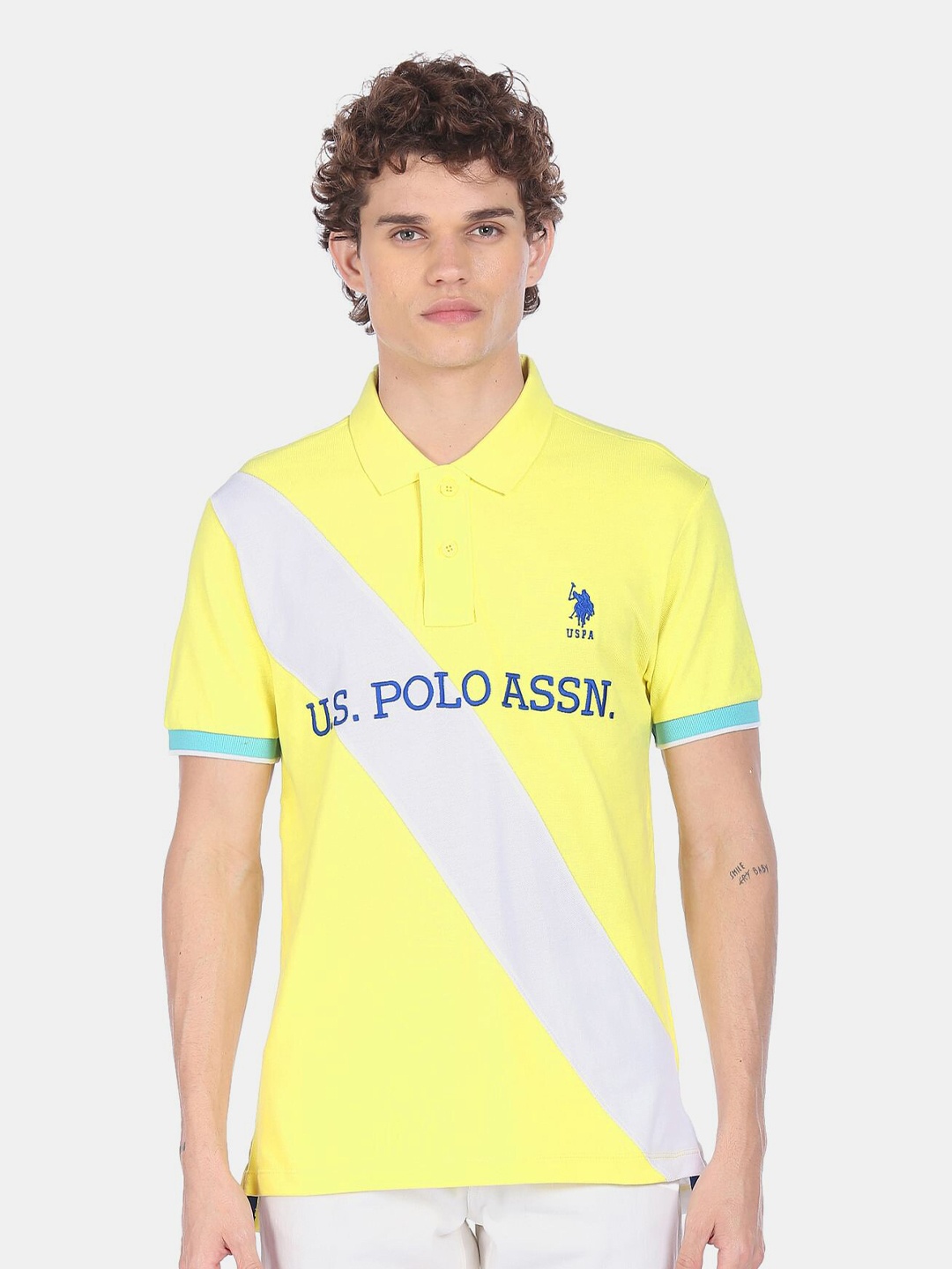 

U S Polo Assn Men Yellow Brand Logo Striped Polo Collar Cotton T-shirt