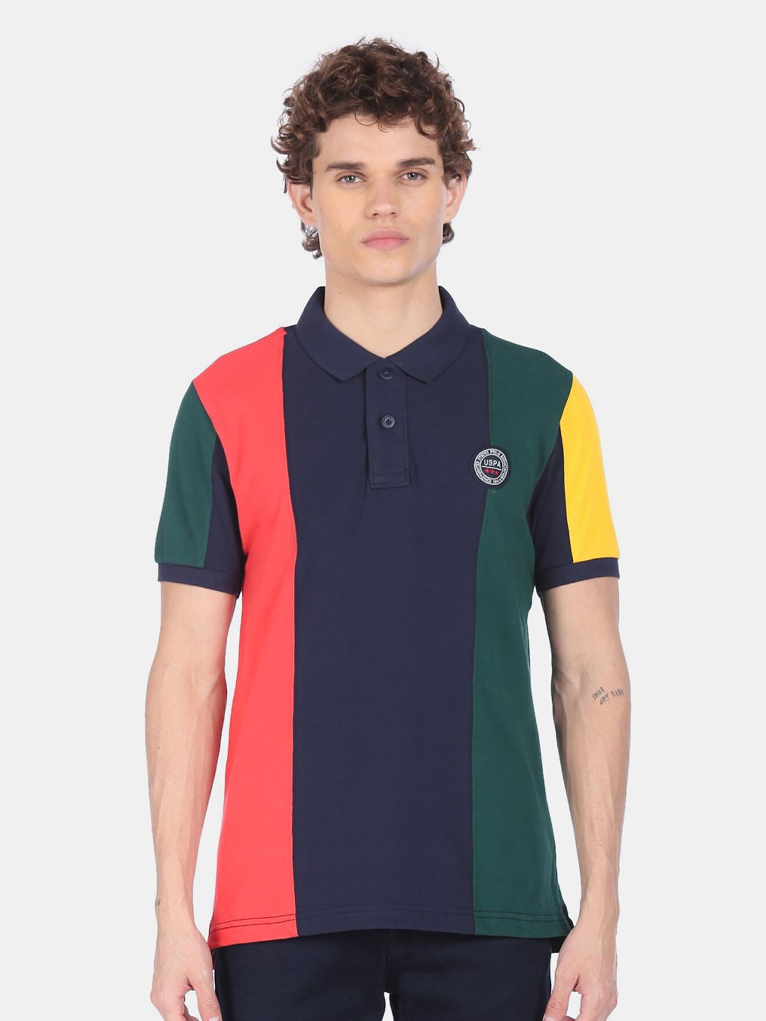 

U.S. Polo Assn. Men Navy Blue & Red Colourblocked Pure Cotton Polo Collar T-shirt