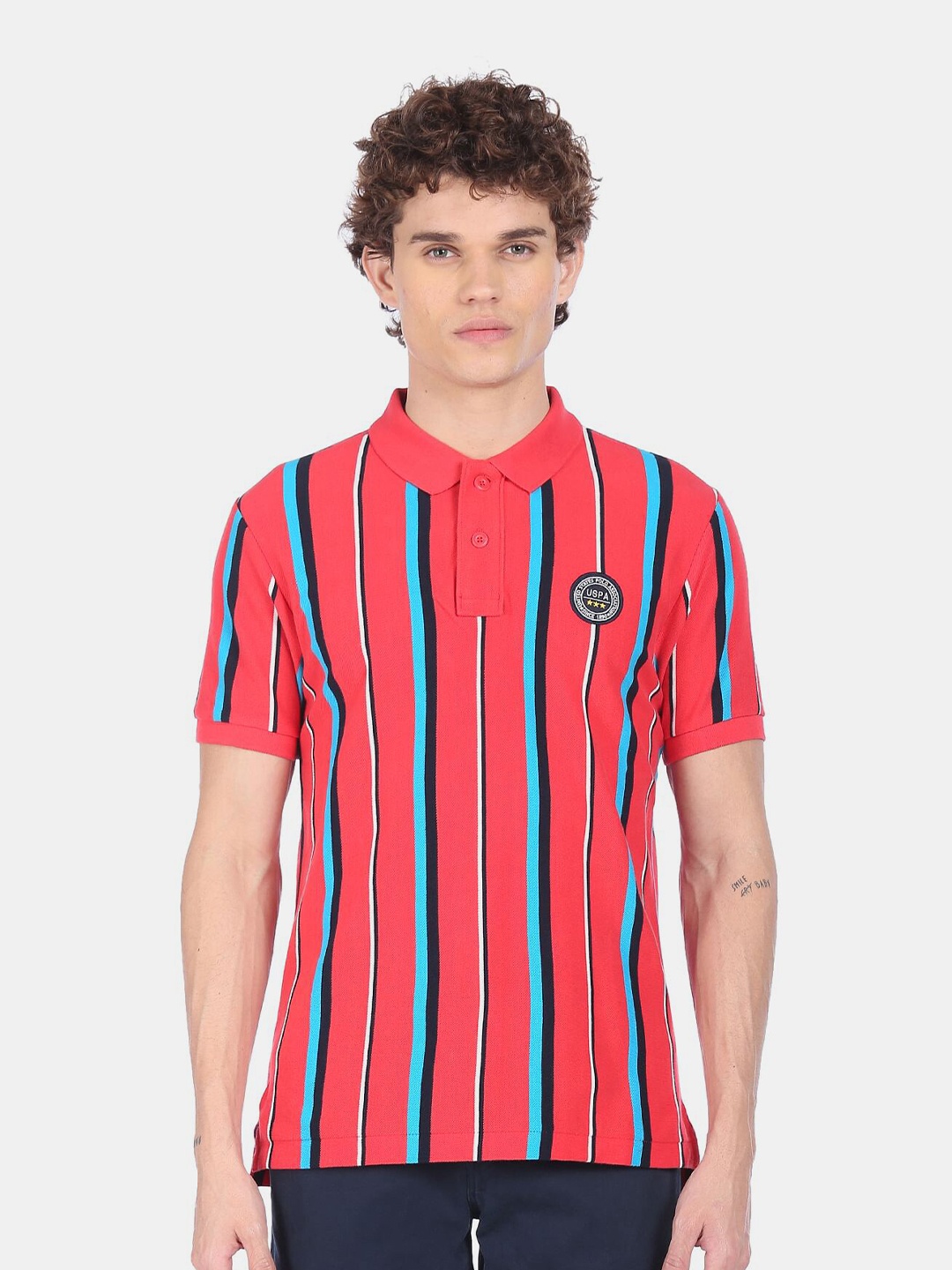 

U S Polo Assn Men Red & Blue Striped Polo Collar Pure Cotton T-shirt
