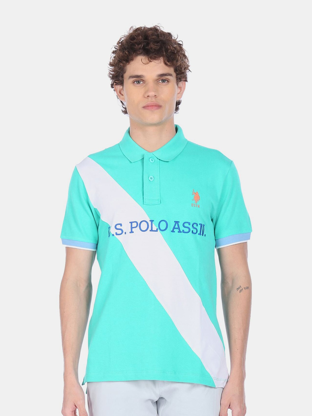 

U S Polo Assn Men Turquoise Blue Typography Printed Polo Collar Cotton T-shirt
