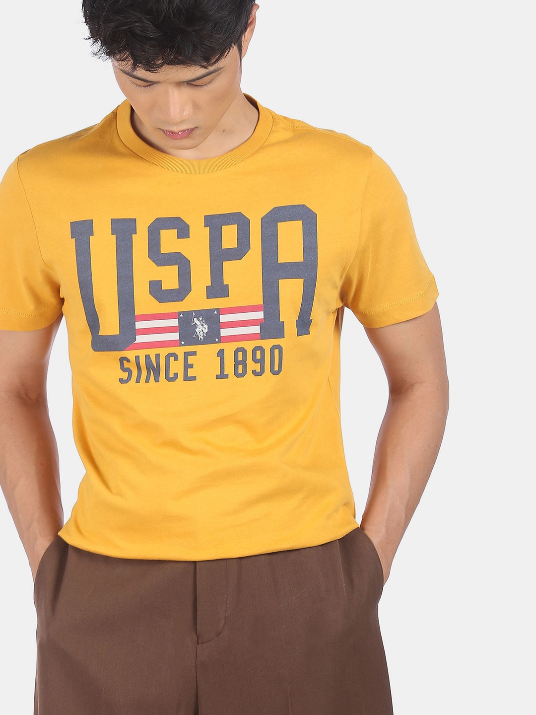 

U.S. Polo Assn. Denim Co. Men Mustard Yellow Brand Logo Printed Cotton T-shirt