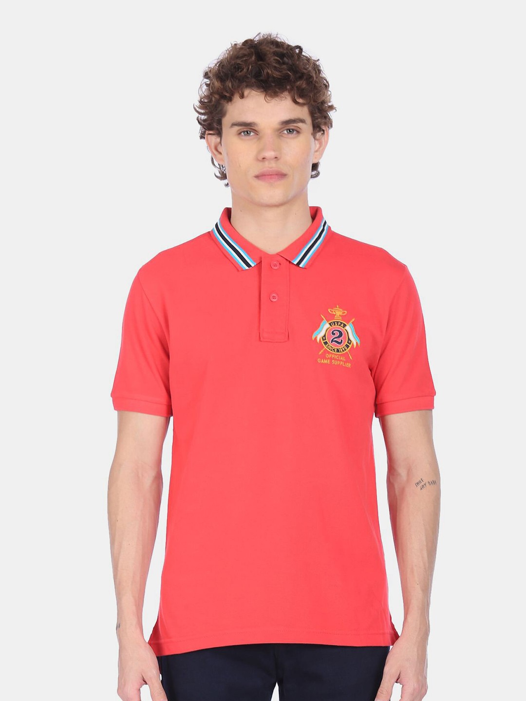 

U S Polo Assn Men Coral Red Printed Polo Collar Pure Cotton T-shirt