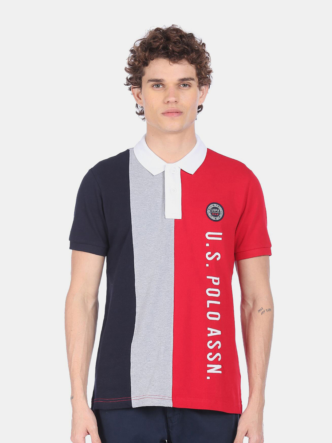 

U S Polo Assn Men Red Colourblocked Polo Collar Pure Cotton T-shirt
