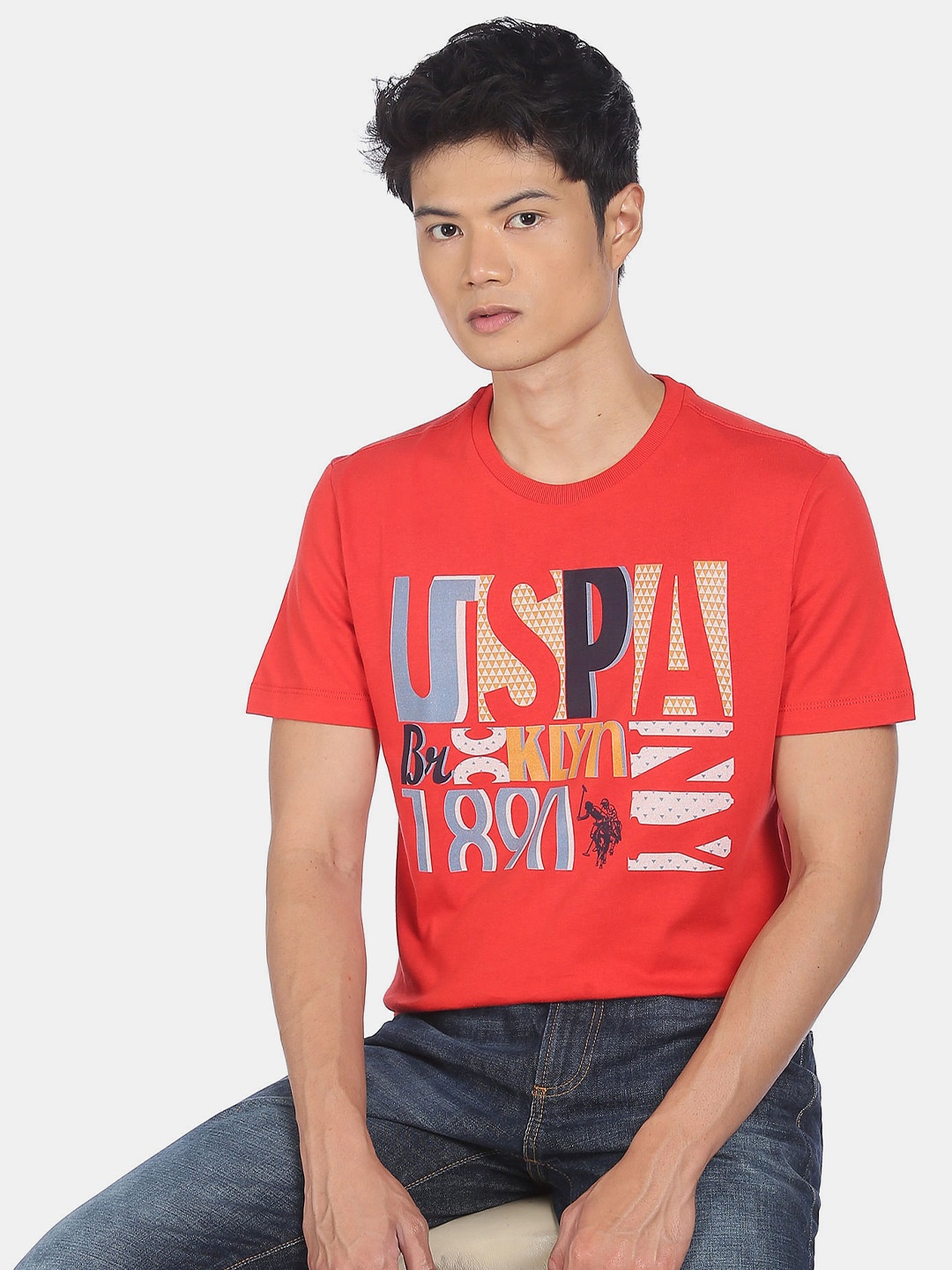 

U.S. Polo Assn. Denim Co. Men Red Typography Printed Cotton T-shirt