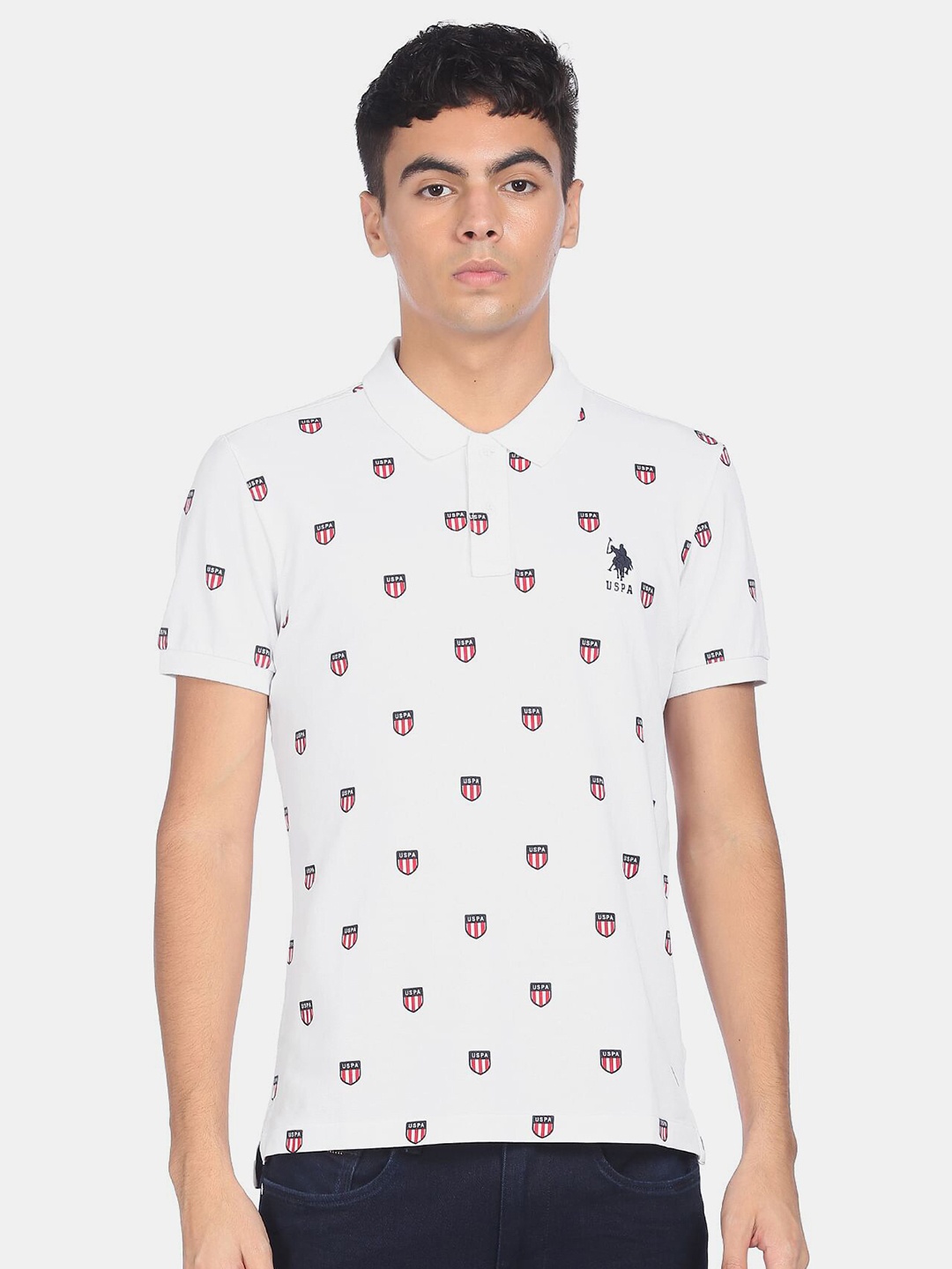 

U S Polo Assn Men White Typography Printed Polo Collar Cotton T-shirt