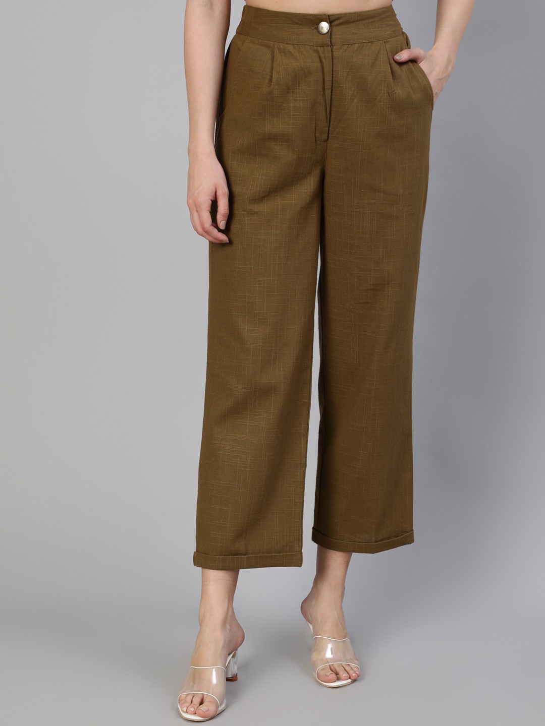 

Jaipur Kurti Women Olive Green Straight Fit High-Rise Pleated Culottes Trousers