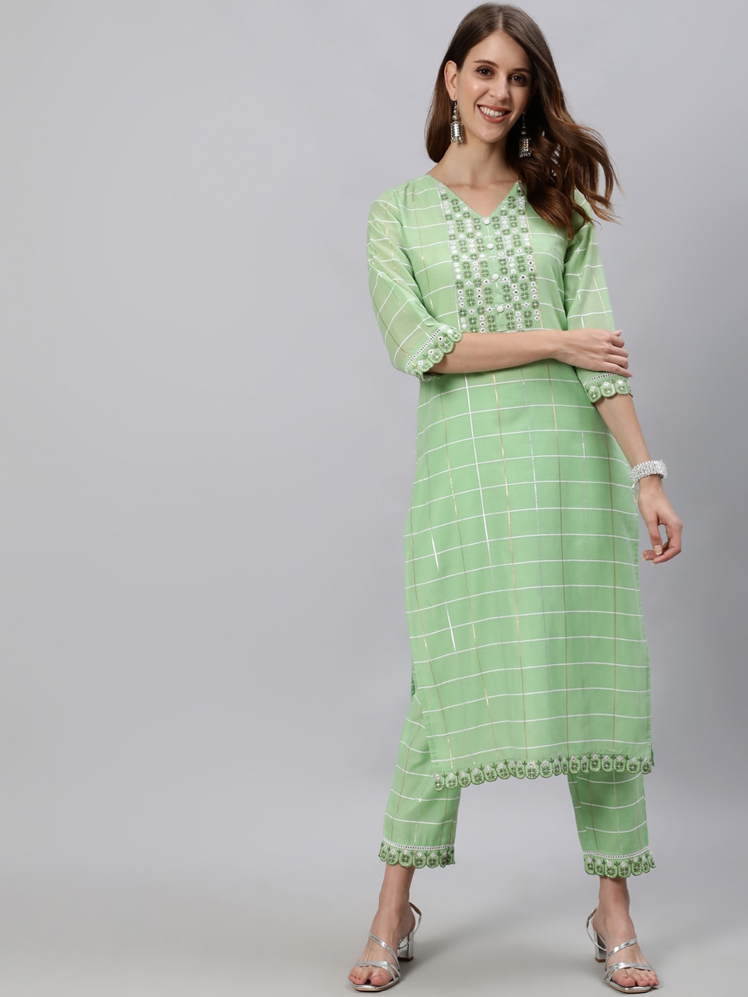 

Jaipur Kurti Women Green Yoke Design Chanderi Cotton Kurta with Trousers