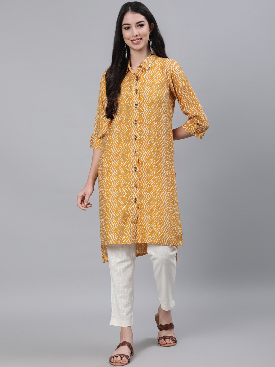 

Jaipur Kurti Women Mustard Yellow Geometric Printed Chanderi Silk Pathani Kurta