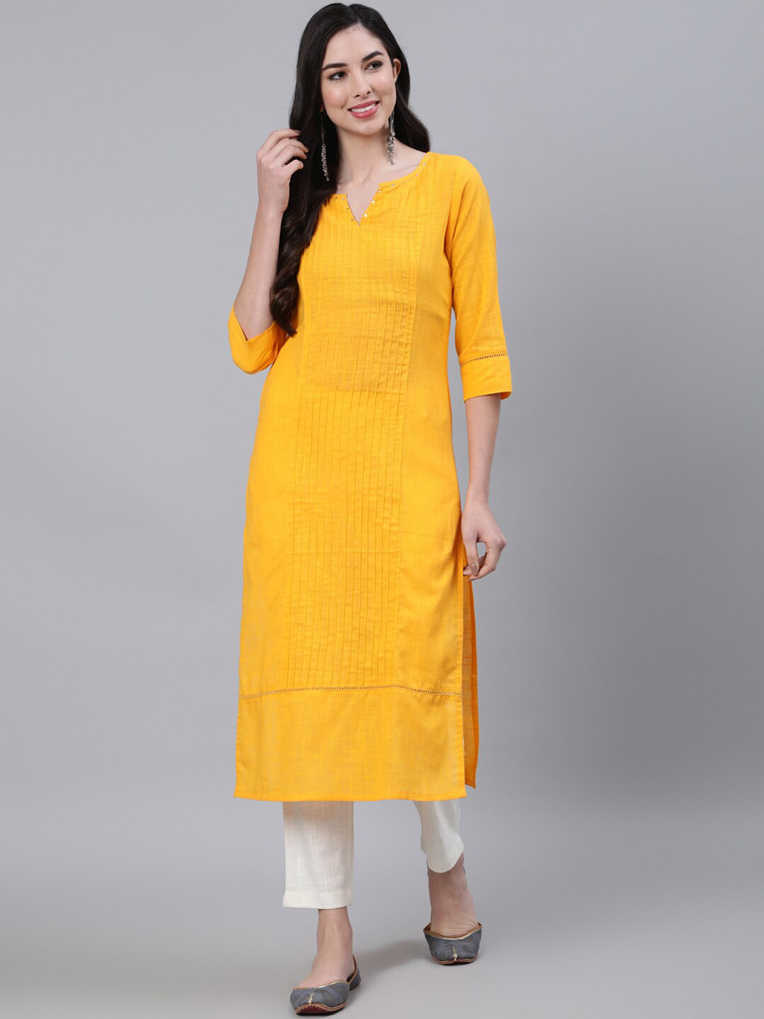 

Jaipur Kurti Women Mustard Yellow Cotton Pin Tucks Straight Kurta