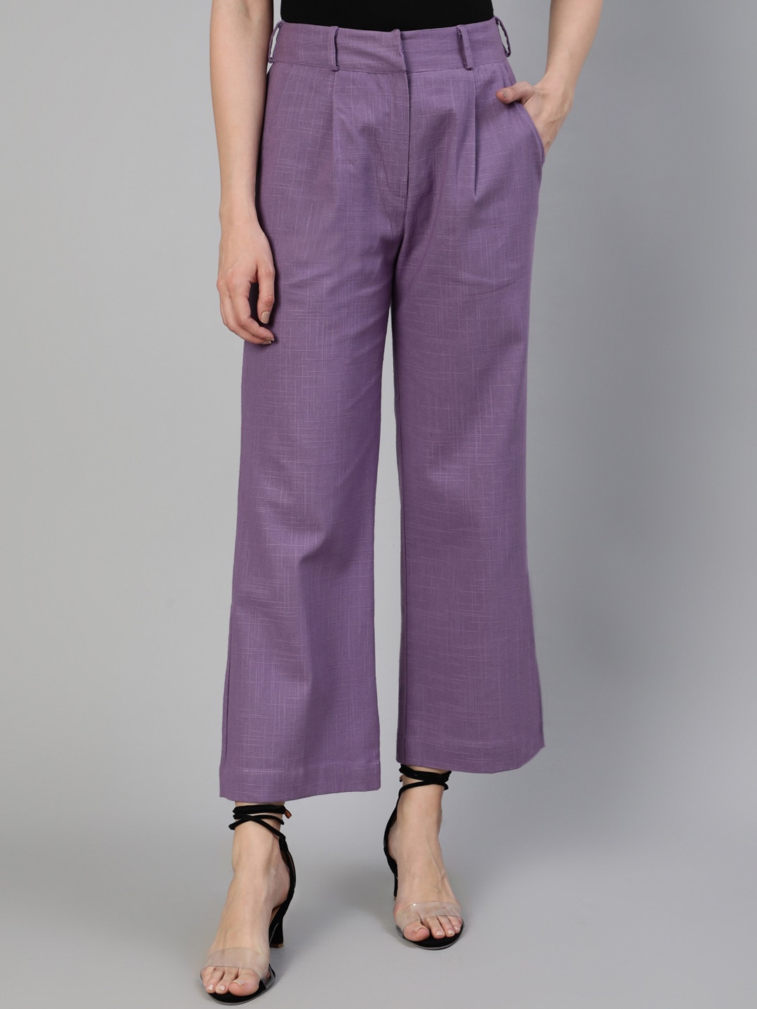 

Jaipur Kurti Women Lavender Solid Flared High-Rise Pleated Cotton Parallel Trousers