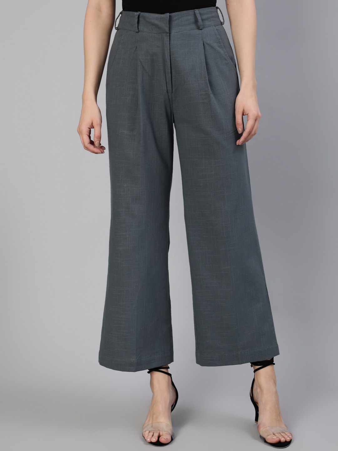 

Jaipur Kurti Women Grey Flared High-Rise Pleated Cotton Trousers