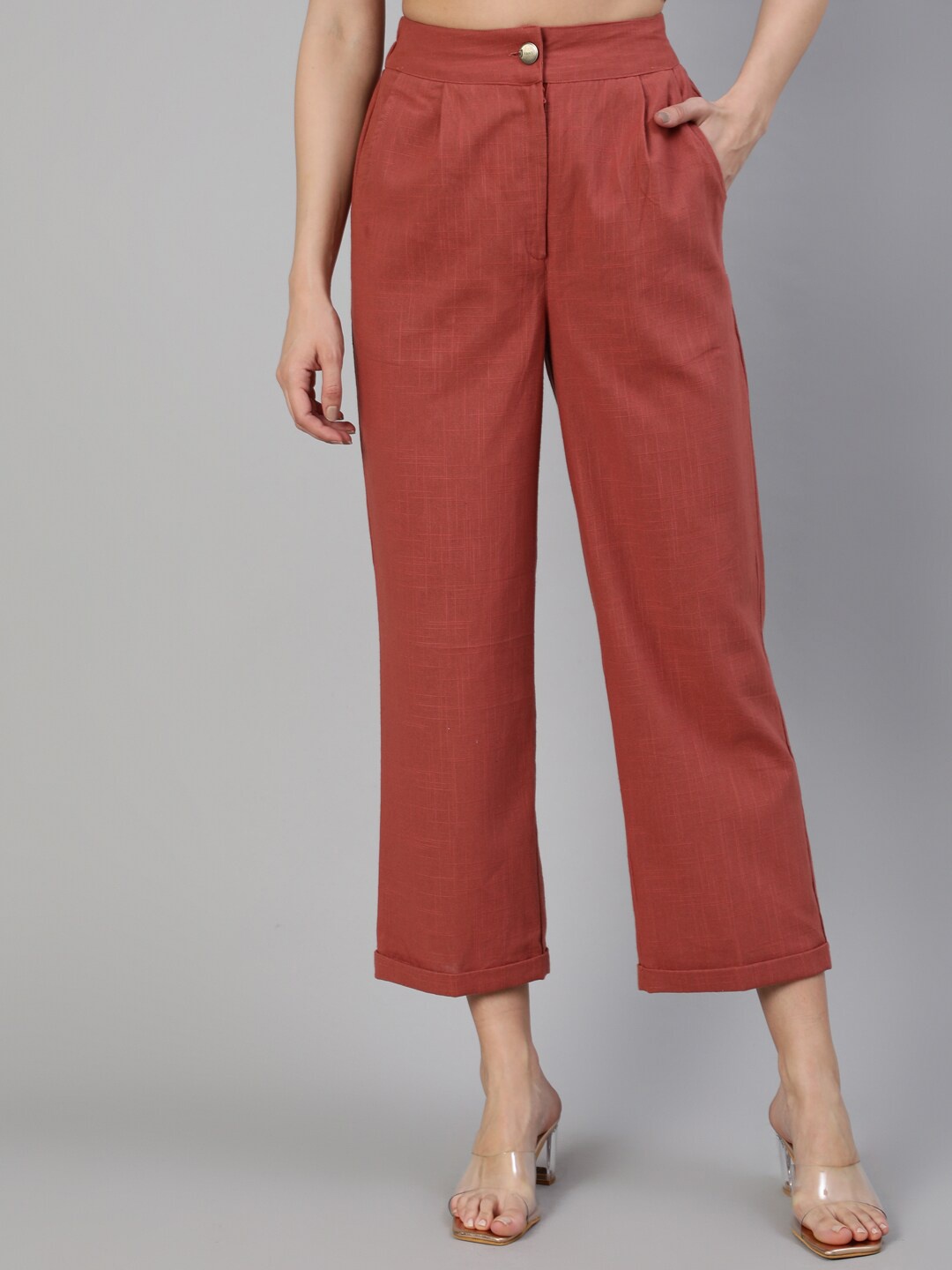 

Jaipur Kurti Women Rust Straight Fit High-Rise Pleated Trousers