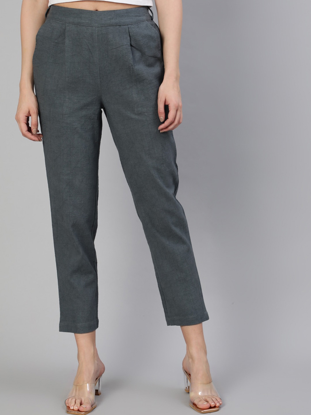 

Jaipur Kurti Women Grey Straight Fit Pleated Cropped Cotton Cigarette Trousers
