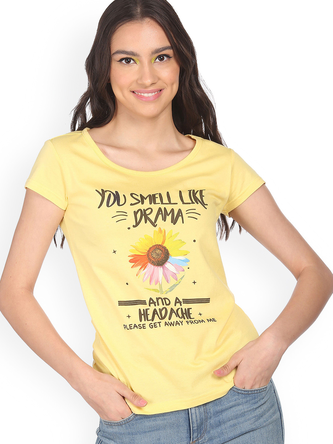 

Sugr Women Yellow Typography Printed Cotton T-shirt