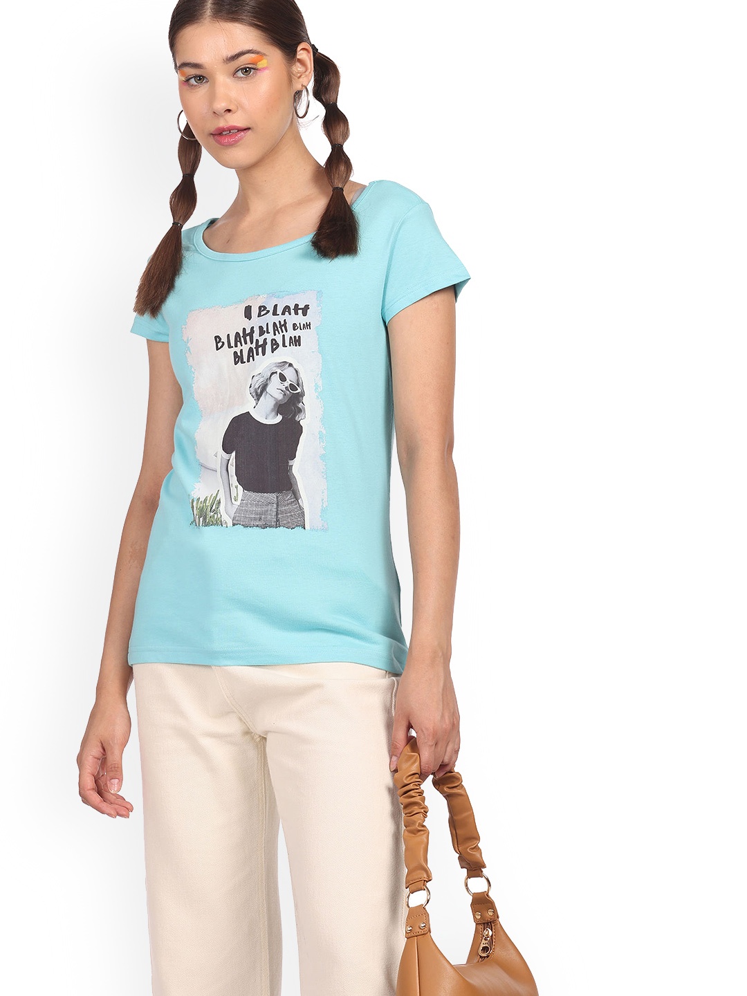 

Sugr Women Blue & Grey Printed Drop-Shoulder Sleeves Pure Cotton T-shirt