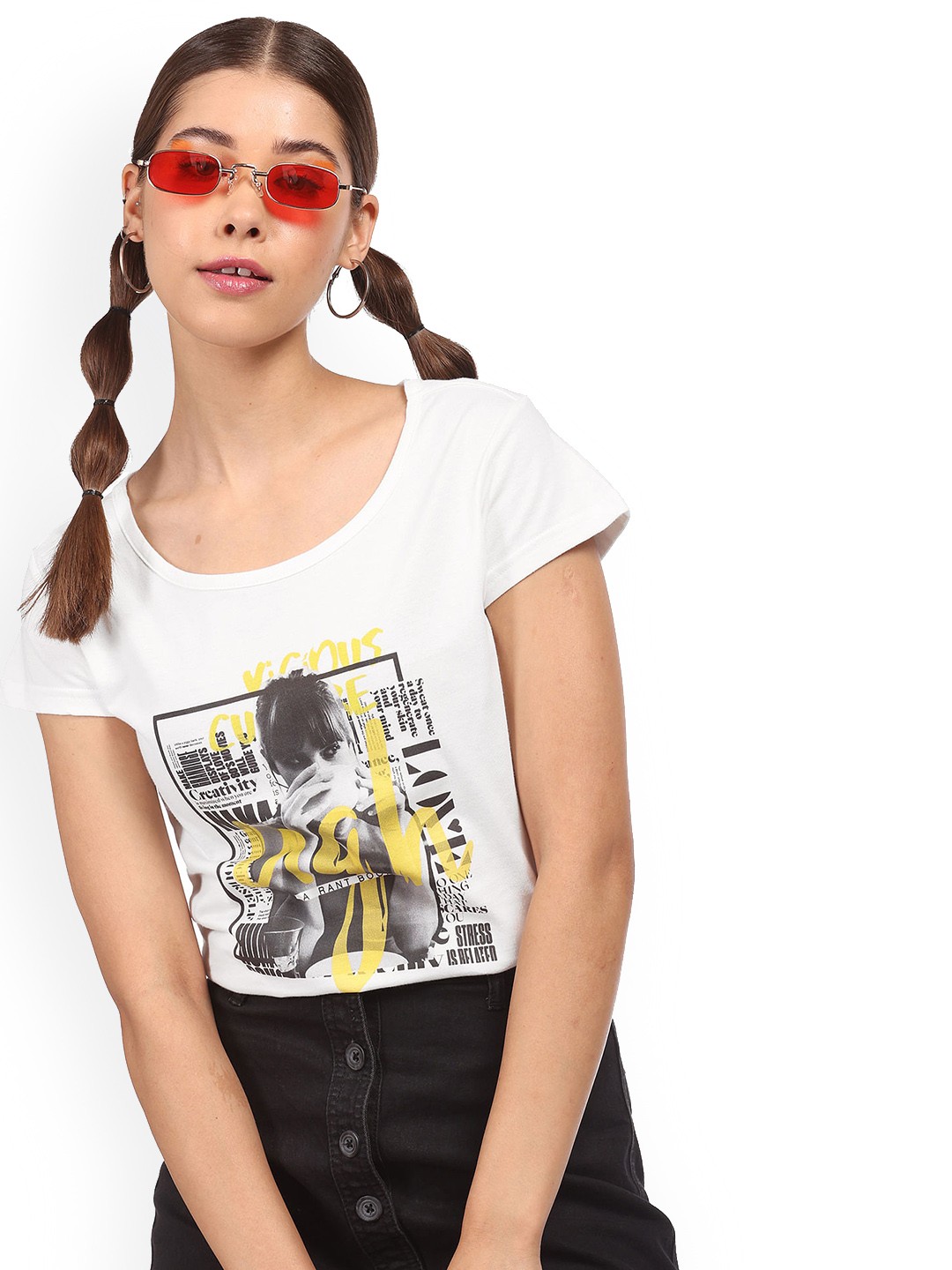 

Sugr Women White Graphic Printed Cotton T-shirt