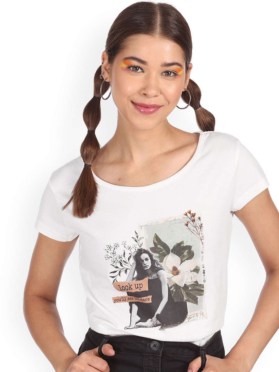 

Sugr Women Off White & Black Printed Pure Cotton T-shirt
