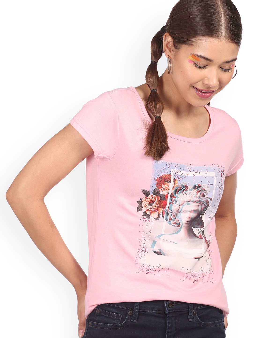 

Sugr Women Pink Printed Regular Fit Pure Cotton T-shirt
