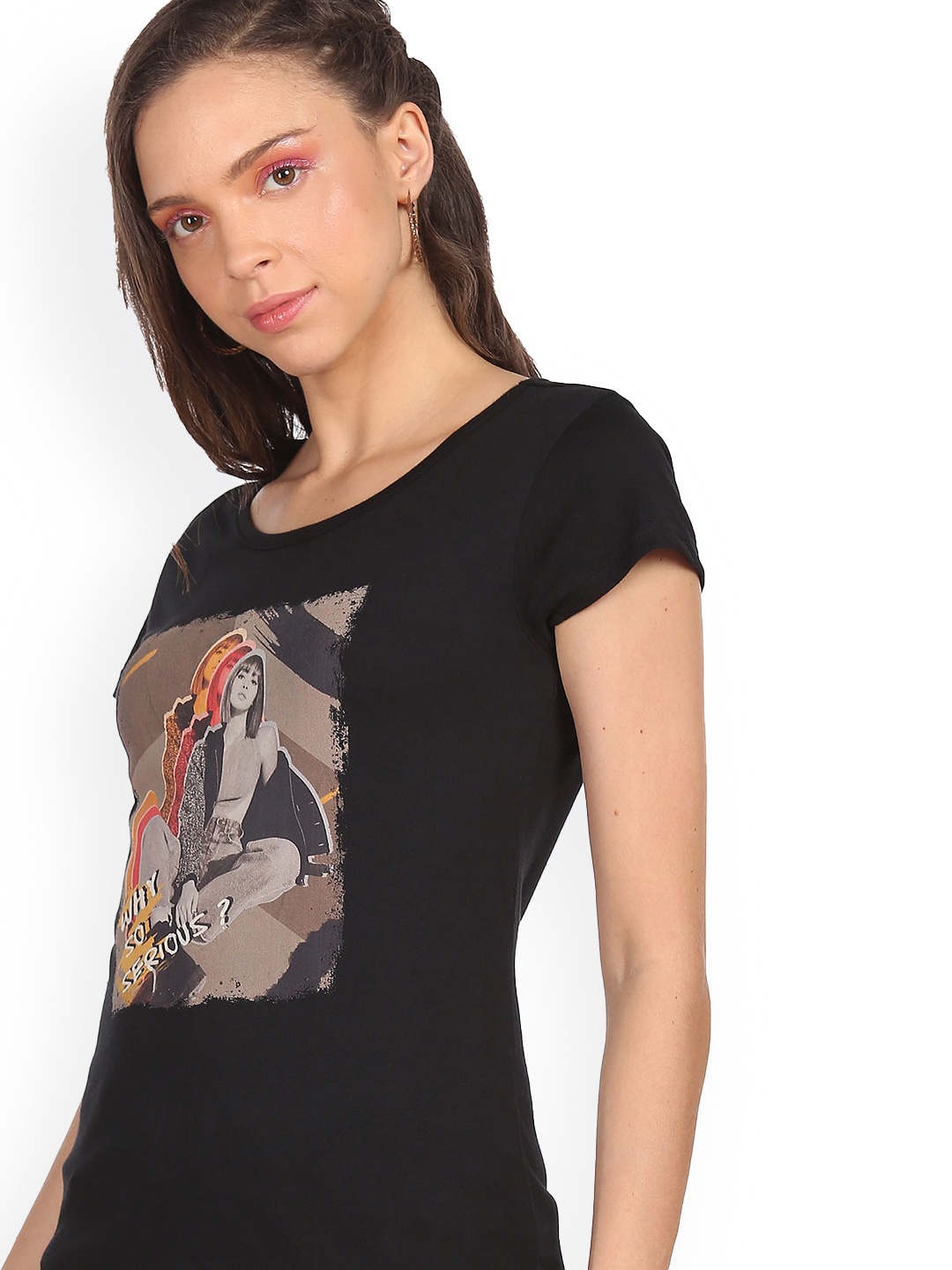 

Sugr Women Black & Brown Printed Pure Cotton T-shirt