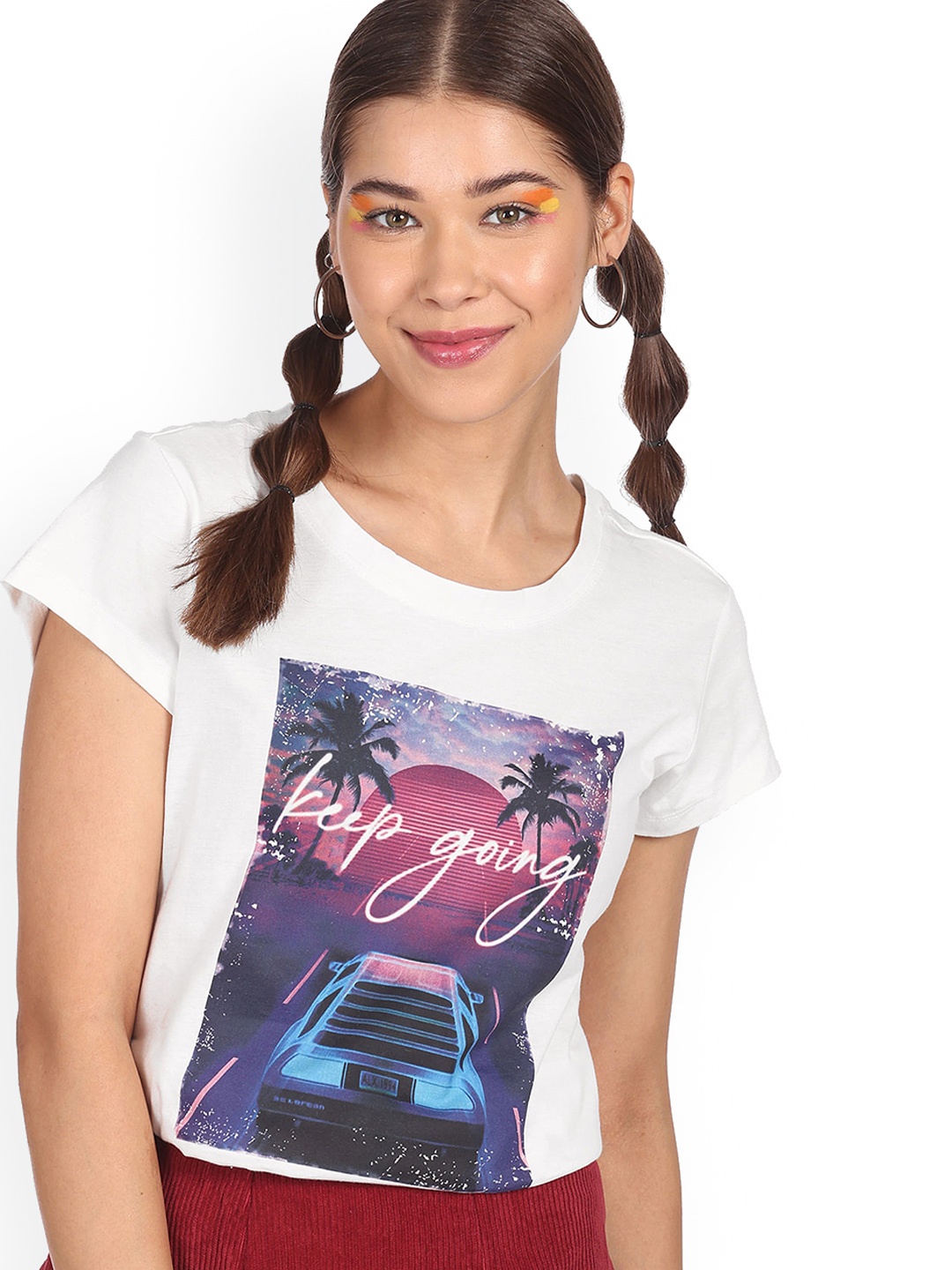 

Sugr Women White Graphic Printed Cotton T-shirt