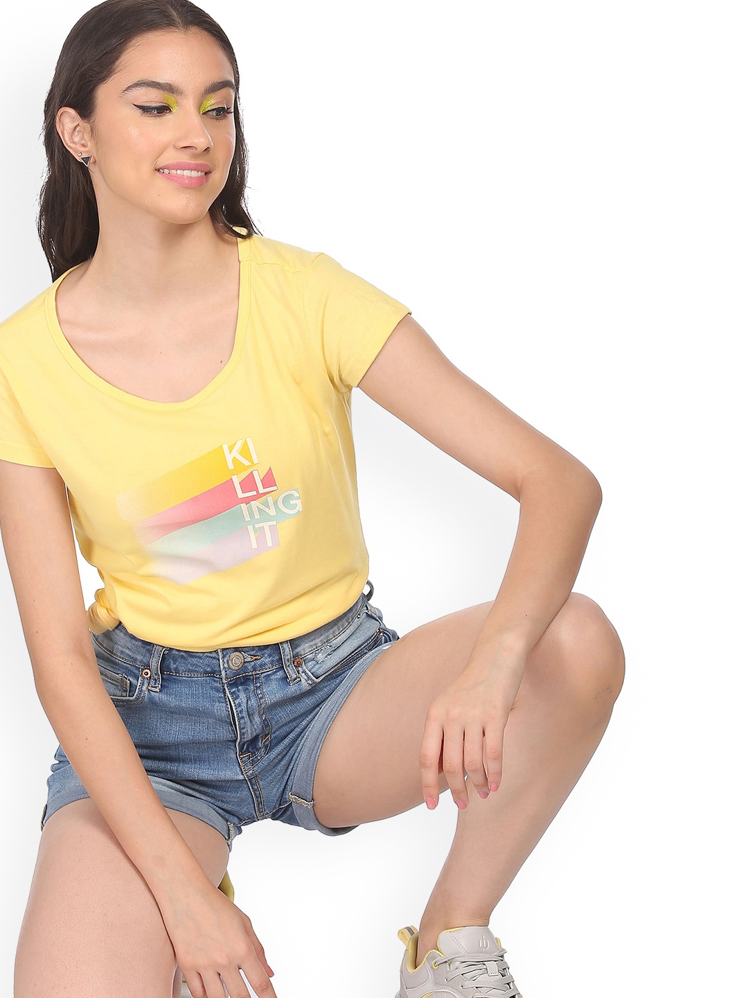 Sugr Women Yellow Typography Printed T-shirt