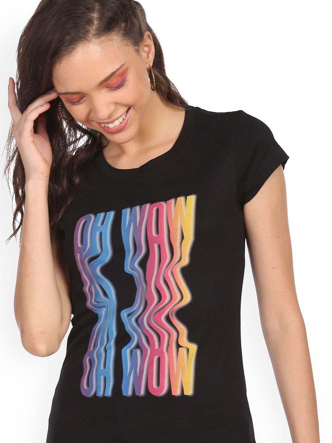 Sugr Women Black & Blue Typography Printed Pure Cotton T-shirt