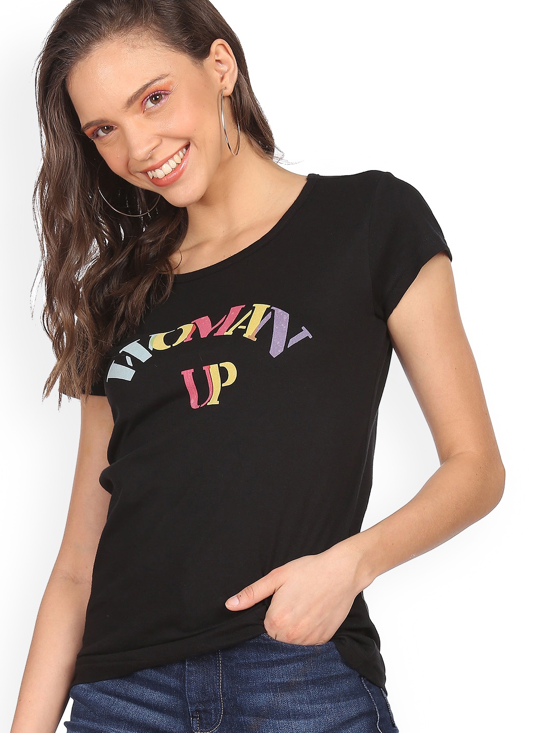 

Sugr Women Black Typography Printed Pure Cotton T-shirt