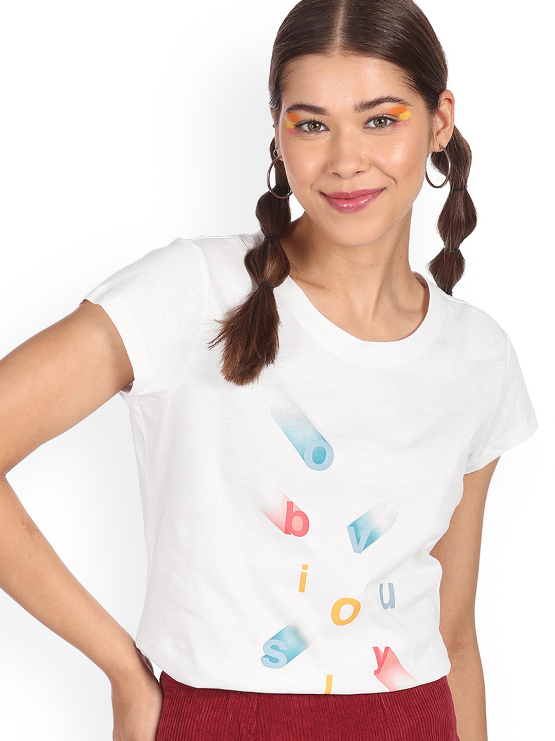 

Sugr Women White Printed Cotton T-shirt