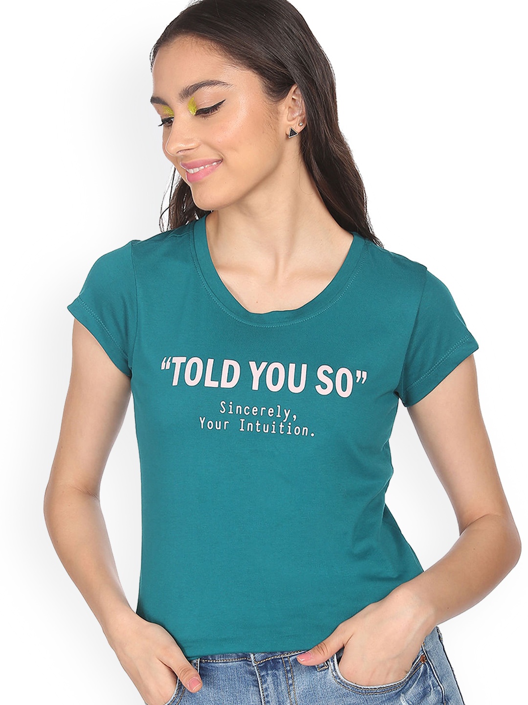 

Sugr Women Blue Typography Printed T-shirt