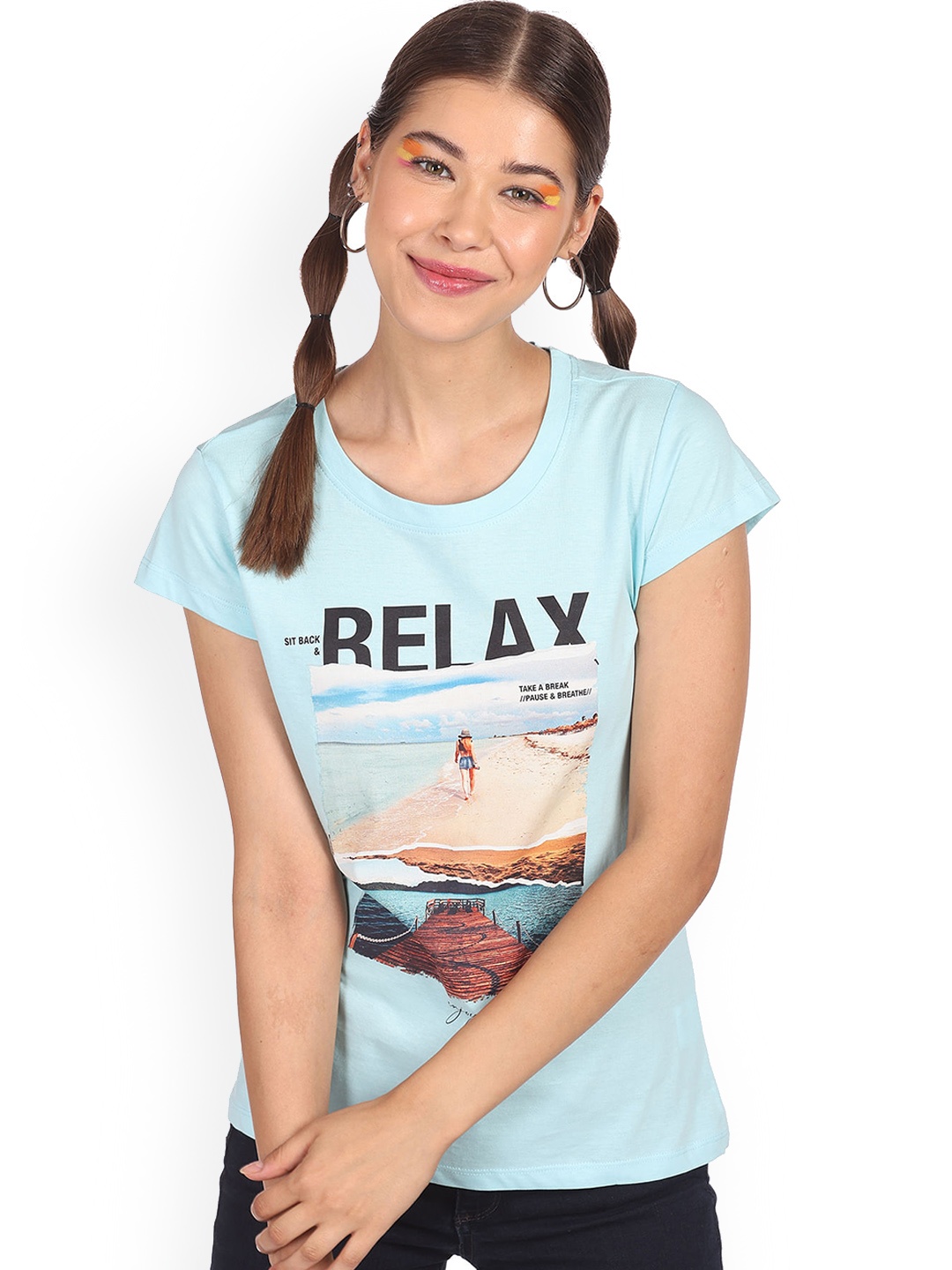 

Sugr Women Blue Printed Pure Cotton Tropical T-shirt