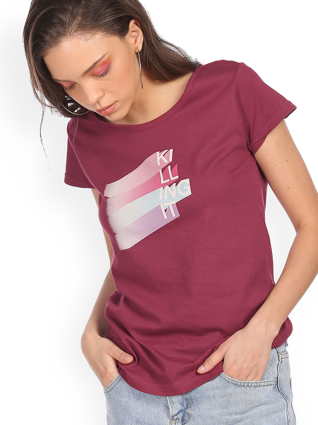 

Sugr Women Red & White Printed Pure Cotton T-shirt