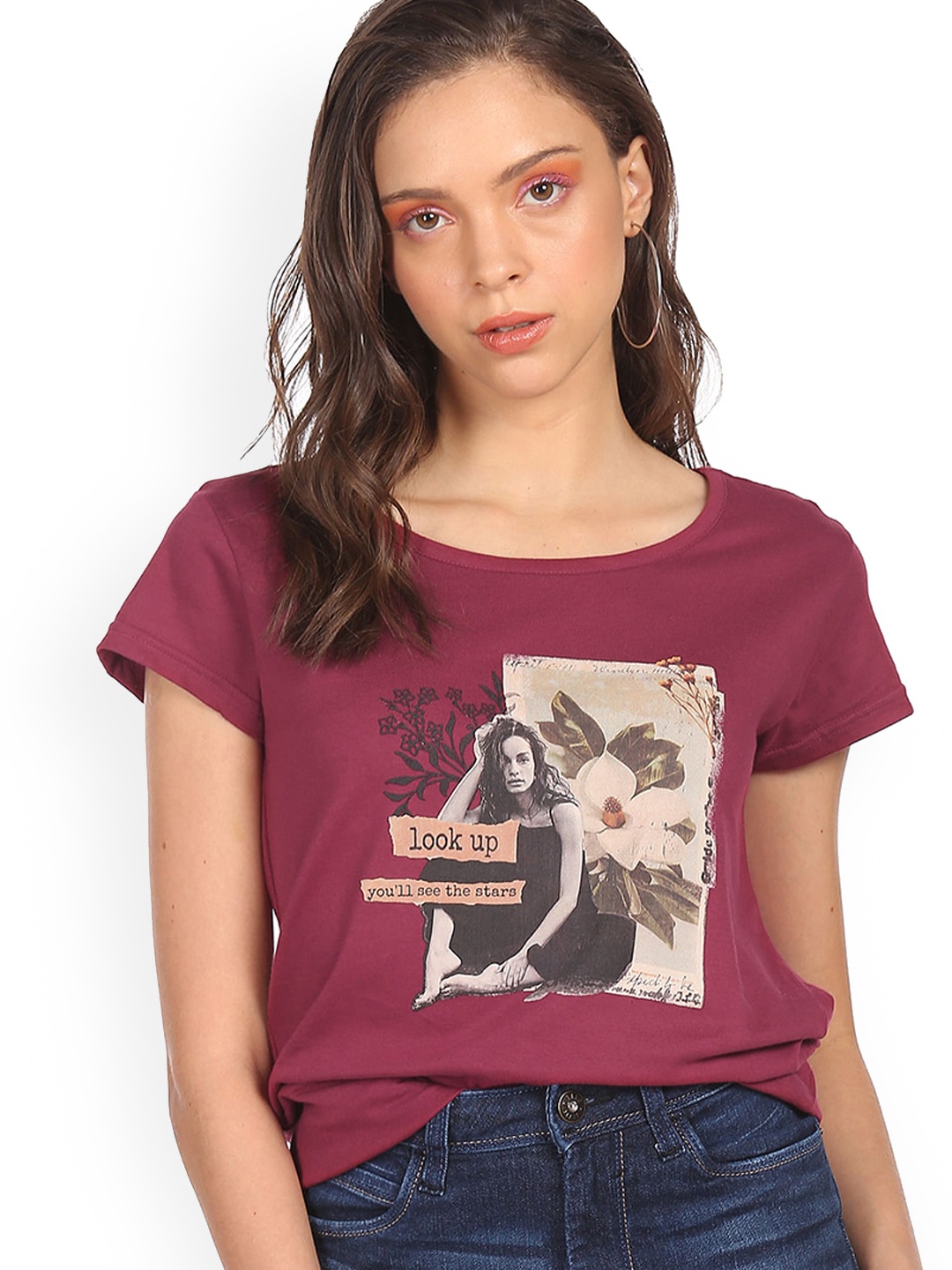 

Sugr Women Red & Black Printed Pure Cotton T-shirt