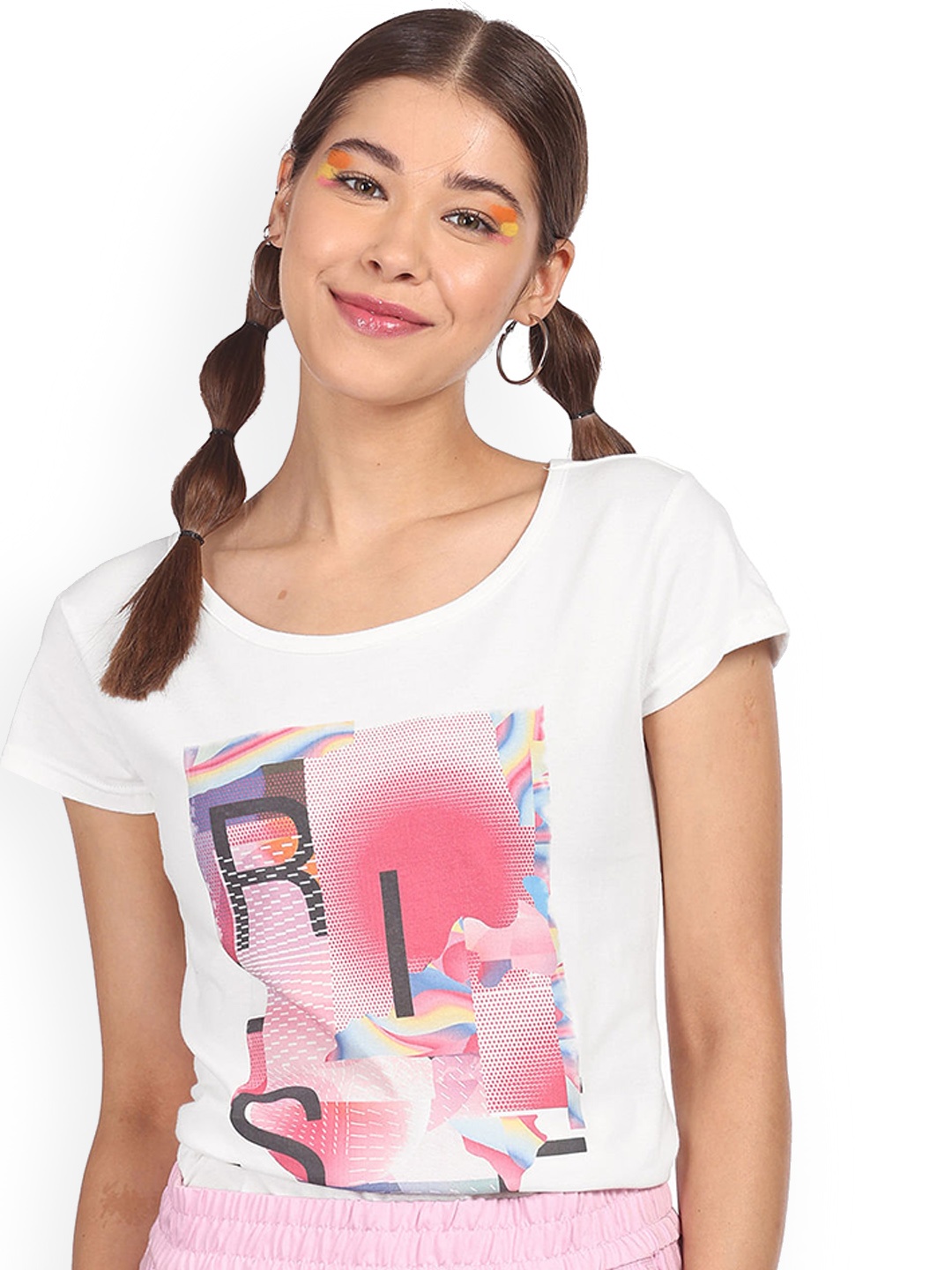 

Sugr Women White Printed Pure Cotton T-shirt