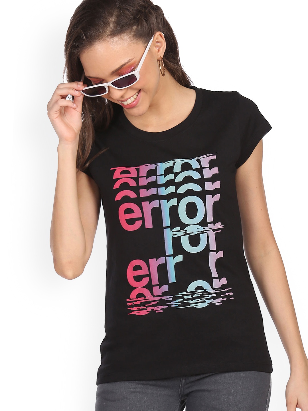 Sugr Women Black & Blue Typography Printed Pure Cotton T-shirt